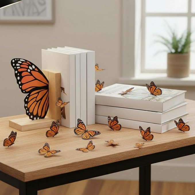 Decorative Butterfly Bookends Wooden Acrylic Butterflys Bookend Modern Bookshelf Decor Accent Book Stopper Decor for Home Farmhouse Shelves Office Lover Gift (Monarch Butterfly)