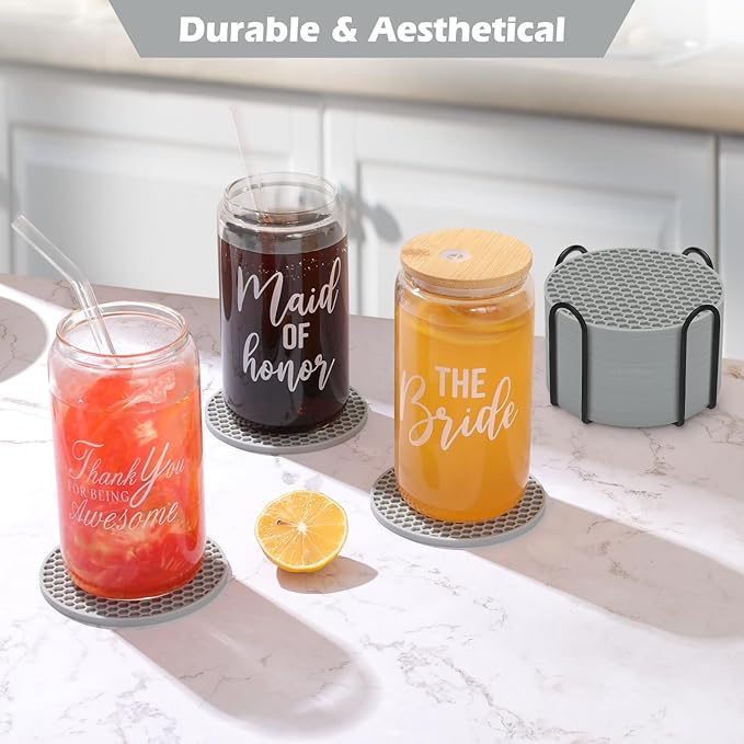 TWTLi Silicone Coasters Set of 8 with Holder,Coasters for Drinks,Beer,Coffee Coasters,Suitable for Kinds Cups,Hot or Cold,Anti-SLI,Non-Stick,Anti-Overflow Tabletop Protection and Decor (12 Pcs, Gray)
