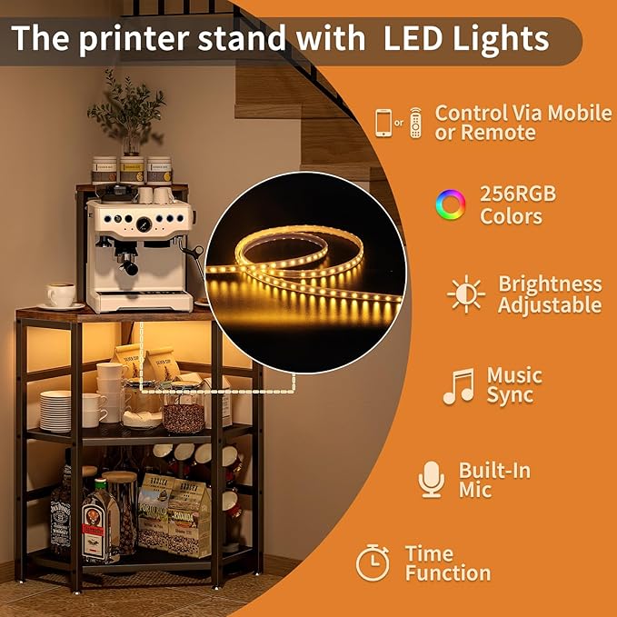 METYERRY Corner Printer Stand Table, with Power Outlet and USB Charging & LED Lights, for Home Printer Stands, Storage Shelf, Computer Tower/CPU Stand Holder for Home Office, Rustic Brown