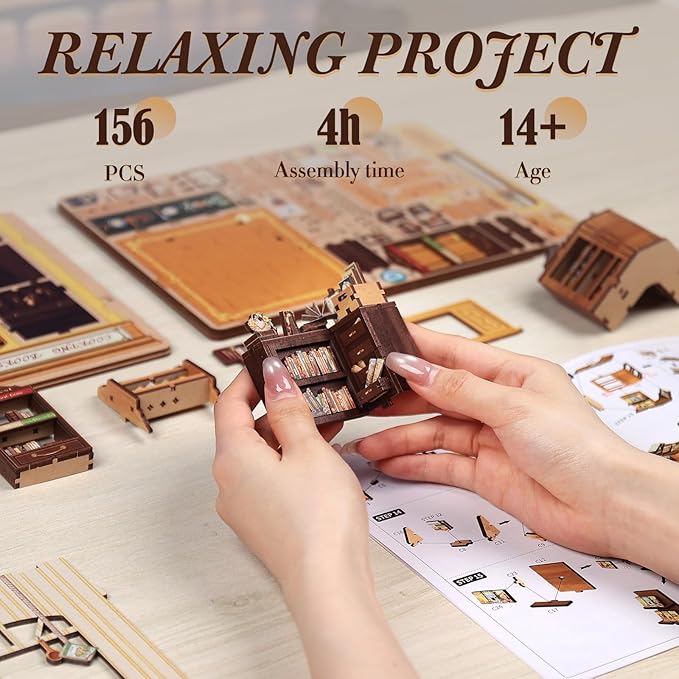 Fsolis Book Nook Kit - DIY Miniature Dollhouse Kit 3D Puzzles for Adult Beginners Tiny House Mini Booknook Craft Bookshelf Decor, 156 Wooden Pieces, Gifts for Women Teenagers (Cooking Bookstore)