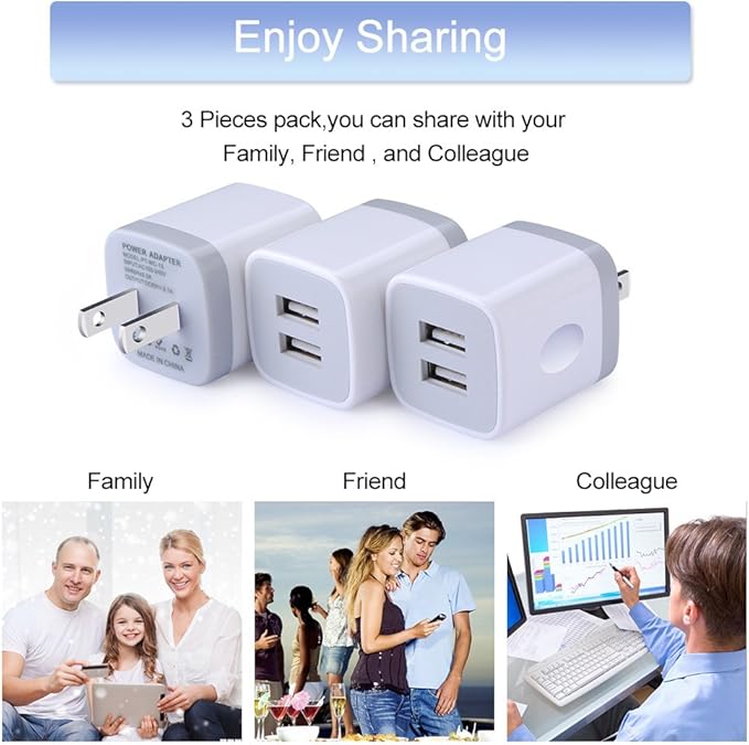 USB Wall Charger, Charging Adapter 3Pack 2.1A Dual Port USB Wall Charging Plug Block Head Box Travel Charger Cube Compatible iPhone 17 16 15 14 13 12 Pro Max XS XR 8 Plus,Pad,Pod,Samsung,Android Phone