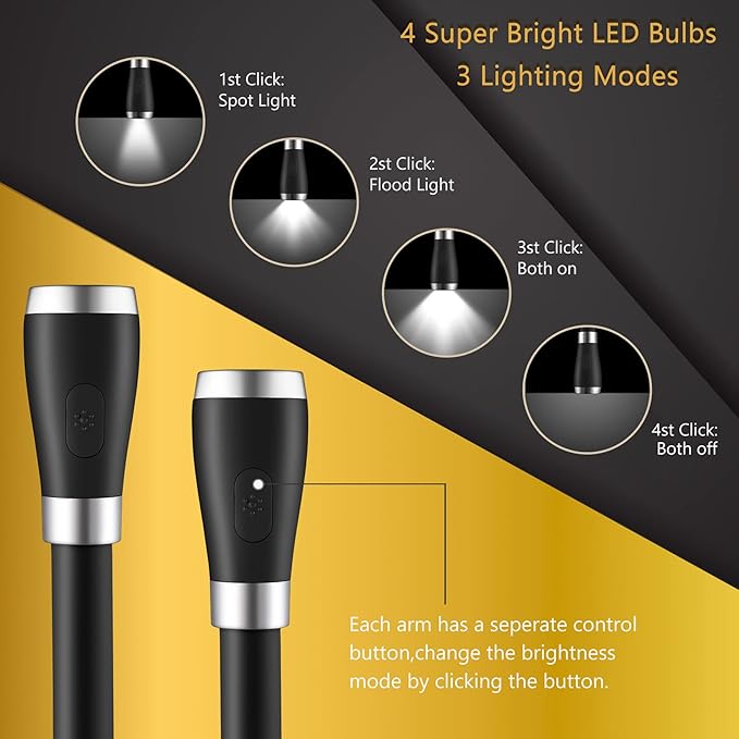 Neck Book Light LED Reading Lamp USB Rechargeable, Hands Free, 4 LED Bulbs, 4 Adjustable Brightness, for Reading in Bed or Reading in Car Lamp (Pink) (Black)