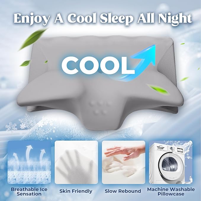 Cervical Pillow for Neck Pain Relief, Cooling Contour Memory Foam Pillows Support Odorless Ergonomic Neck Pillow Adjustable Orthopedic Bed Pillow for Side Back Stomach Sleeper,1 Pack (Grey)