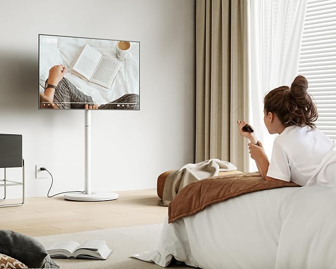 FITUEYES Design Mobile Rolling TV Cart for 32-65 Inches Television, Modern Corner TV Floor Stand on Wheels Fits Max VESA 400x400mm, V2 Portable Smart Television Cart, White, Master Series