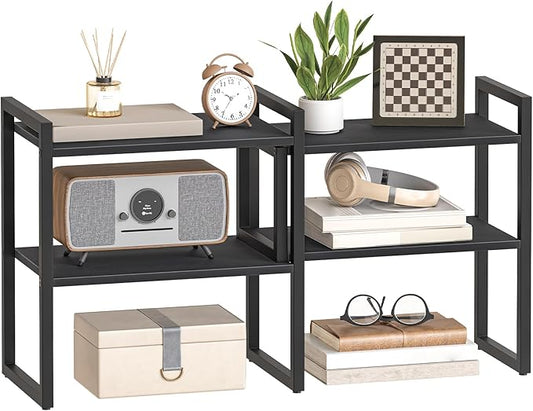 HOOBRO Desk Shelf Organizer, Adjustable Desktop Bookshelf, 2-Tier Shelf for Top of Desk, Wooden Office Storage Rack, for Office, Study, Kitchen, Dorm, Black BB39SJ01