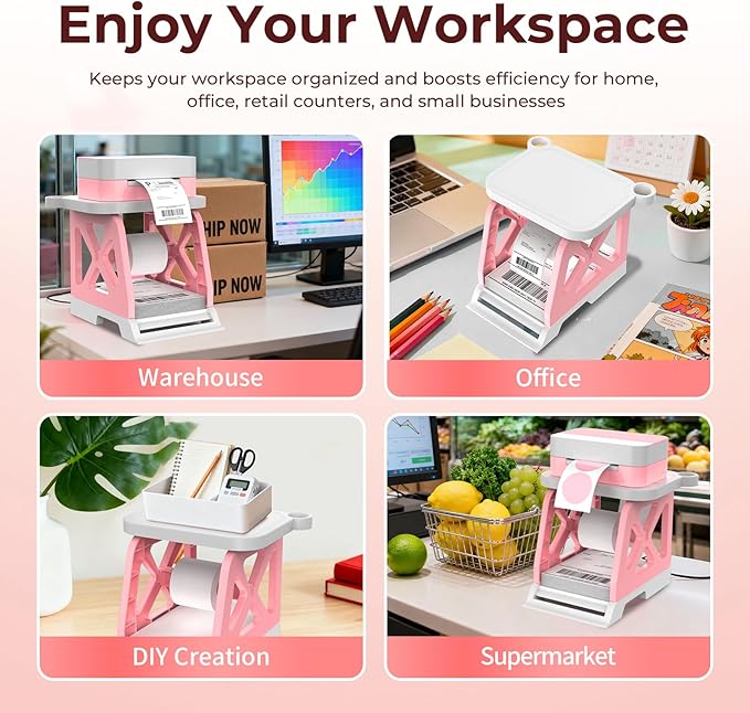 Guermok 3-in-1 Thermal Label Holder Stand for Printer Desk Organizer for Roll & Fan-Fold Labels, Cable Management, Easy Assembly for Home, Office, Retail & Small Business Pink