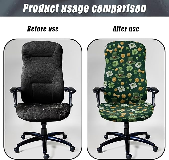 Talayituse Shamrock Hat Letter Coin Print Office Chair Covers, Stretch Computer Chair Cover Universal Boss Chairs Covers Modern Simplism Style High Back Chairs Slipcover St Patrick's Day Decor, Large