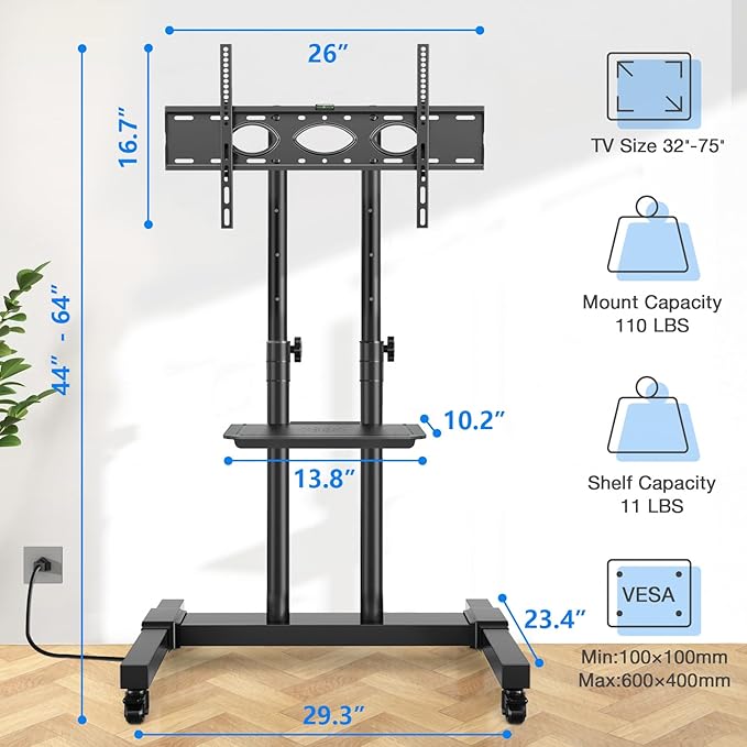 Rfiver Upgraded Mobile TV Stand on Wheels with Power Outlet, Heavy Duty Rolling TV Cart for 32-85 Inch TVs up to 132 lbs, Height Adjustable Portable Floor TV Stand for Bedroom, Home Office, Onesize