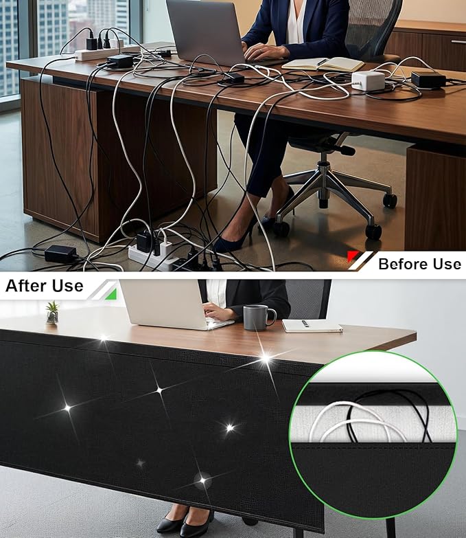 Under Desk Privacy Panel with Table Cable Management, 48 Inch Desk Skirt Modesty Desk Panel with Self-Gripping Straps for Office Home, Premium Silver-Plated Interior to Provide Better Privacy