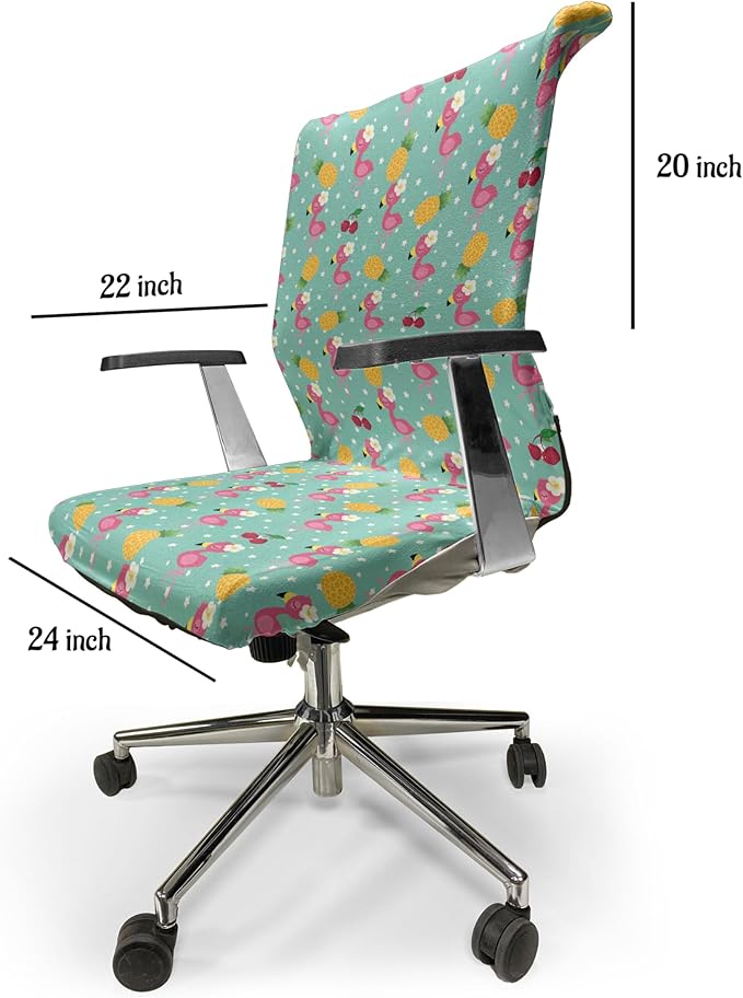 Ambesonne Cartoon Office Chair Cover, Exotic Flamingos Pineapple and Cherry Branches on Stars Backdrop Print, Stretchable Decorative Universal Size High Back Printed Slipcover, Teal Pink