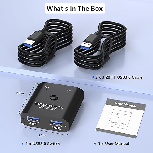 2 in 2 Out USB 3.0 Switch, USB Switcher for 2 Computers Sharing Keyboard, Mouse, Printer, USB Sharing Switcher for Windows/Mac/Linux, 2 Port USB Selector Switch with 2 USB3.0 Cables, Plug and Play