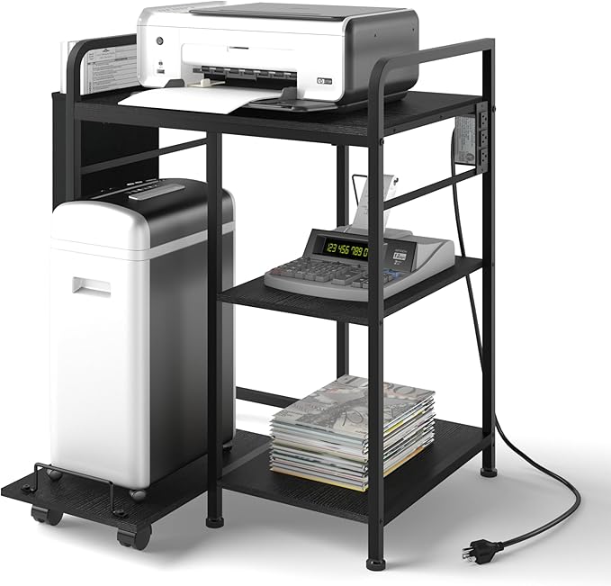 Sedegn Home Printer Stand with Charging Station, 24x18 Inches Stands for Large Printer, Printer Shredder Stand with Storage for Home Office, Table for Fax Machine/PC Tower (Black)