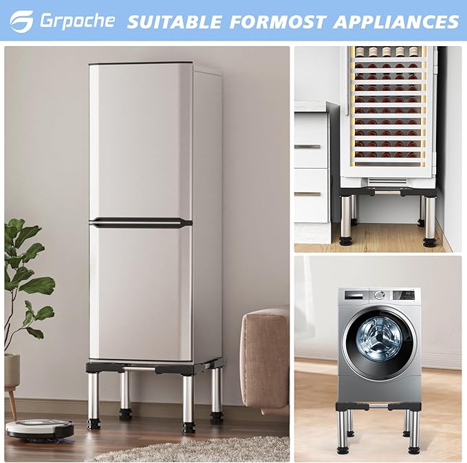 Mini Fridge Stand with 4 Strong Feet Washing Machine Stand Base 9.8"-11" Height Adjustable Universal Stand Base for Portable Refrigerator Dryer Stand Laundry Pedestal for 17.7"-25.6" Appliance, Black