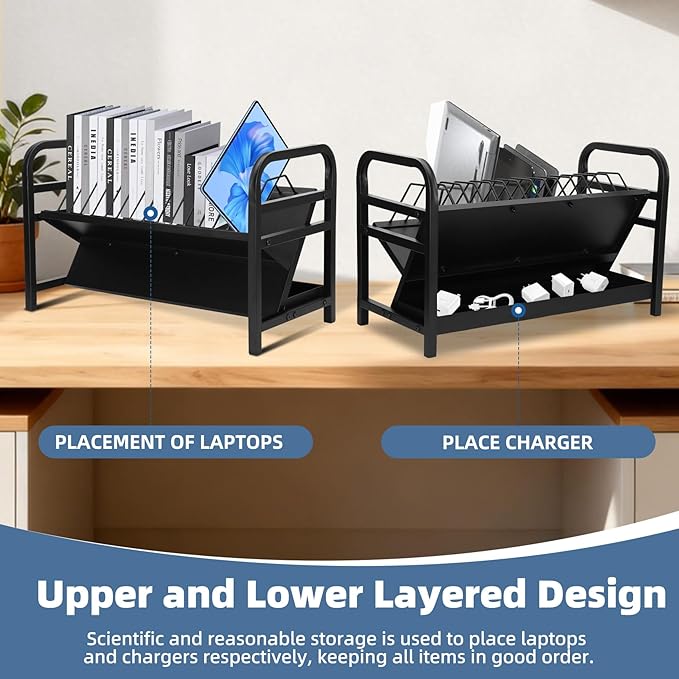 14-Slot Open Charging and Storage Rack, Chromebooks Charging Station with Leveling Feet, Effective Heat Dissipation, for iPads, Tablets and Laptop Computers, for Classroom|Office|Library