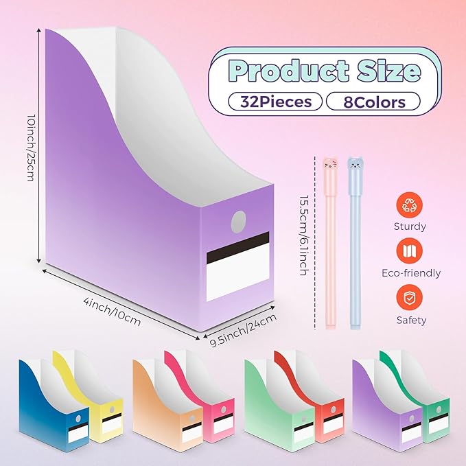 Jutom 32 Pcs Magazine File Holder Set Including Colored Foldable Desk File Holder Organizer White Label Stickers Cat Pen Cardboard Magazine Storage Box for Document School Office (Gradient,Classic)