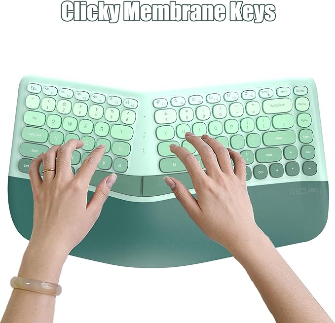 Ergonomic Wireless Keyboard and Mouse Combo with Wrist Rest, Curved Split Keys Clicky 84-Key Membrane Keyboard 6-Key Vertical Mouse Set for Win/Mac/PC/Laptop, AAA Batteries, Mint Green