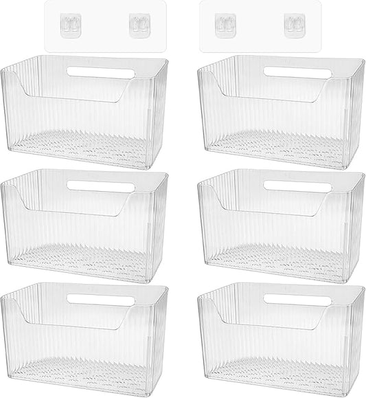 6Pcs Storage Organizer Bins Wall Mounted Organizer Basket Large Size Clear Plastic Makeup Organizer Adhesive Hanging Bin for Bathroom Kitchen Pantry