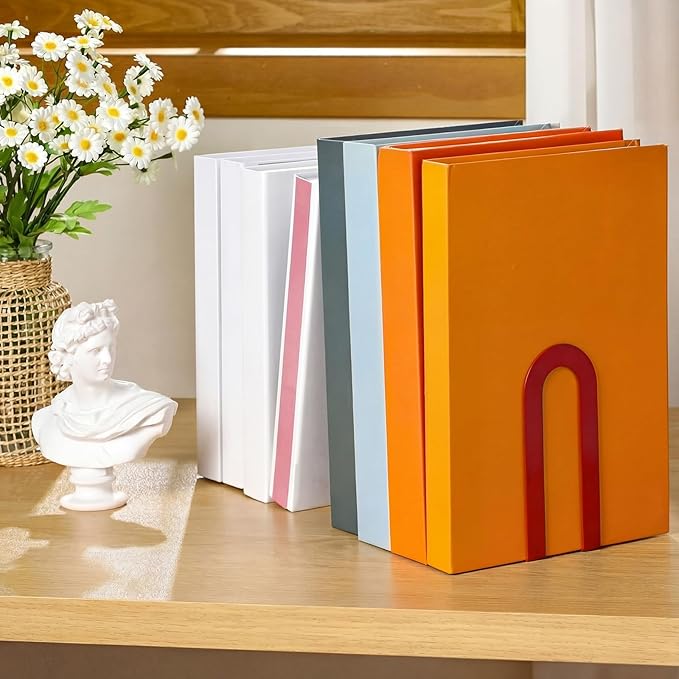 Chunful 2 Pcs Modern Metal Book Ends for Shelves Decorative Small Bookends Book Shelf Organizer Minimalist Design Stopper to Hold Books for Home Office (Red,5.5 * 3.75 * 2.25inch)