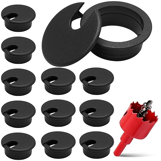 12 Pack 1-1/2 Inch Black Desk Grommet, Plastic Cable Hole Cover Computer Table Cord Wire Organizer, Desktop Cord Management for Home Office/TV Stands Tabletops (with Hole Saw)