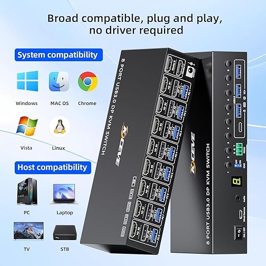 8 Port HDMI Displayport KVM Switch 2 Monitors 8 Computers 4K@60Hz EDID Simulation,8 PC Dual Monitor KVM Switch with 4 USB 3.0 Ports,Audio,RS232,with Wired Remote,12V Power Adapter and 8 USB Cable