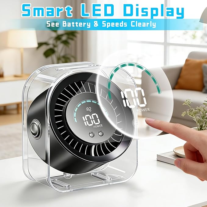 FOWSEEK Rechargeable Small Desk Fan Quiet, 4000mAh Portable Mini Fan USB Table Fan with 100 Speeds Turbo Flow, 360° Adjustable, LED Display, Desktop Cooling Fans for Bedroom Office Travel - Black