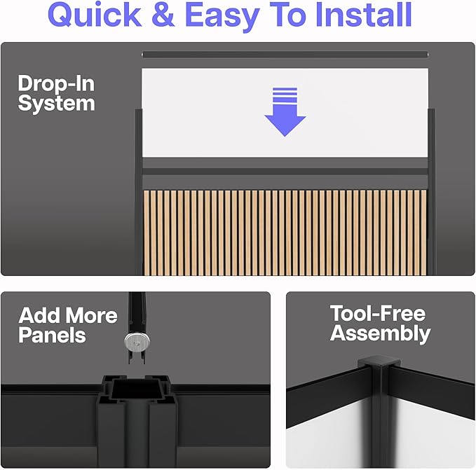 Room Divider for Office Privacy – Modular Freestanding Acoustic Office Partition with PET Sound Dampening Panels and Faux-Wood Slats, 70” x 70”, Grove Sound Dampening Wall, Black Frame, Easy Assembly