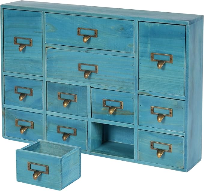 Vintage Desktop Apothecary Cabinet with 12 Drawers,Wood Desktop Organizers Stackable Drawers Desktop Chest Drawer for Herb Storage,Tea Collection,Stationery (12 Drawers,Blue)