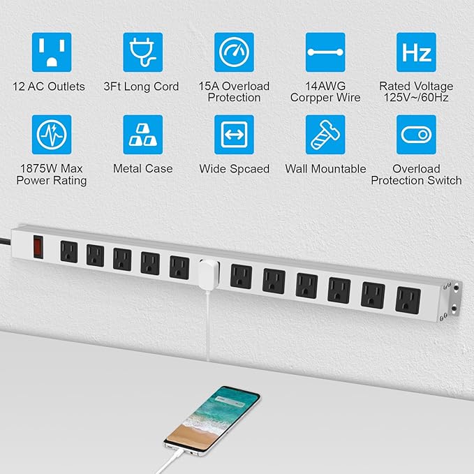 JUNNUJ Metal 16 Outlet Power Strip, Mountable Heavy Duty Power Strip, 1200J Surge Protector Wall Mount Screws Outlet with Switch, Gaming Desk Strips Wide Spaced 15A 125V 1875W, 3 FT 14AWG Power Cord