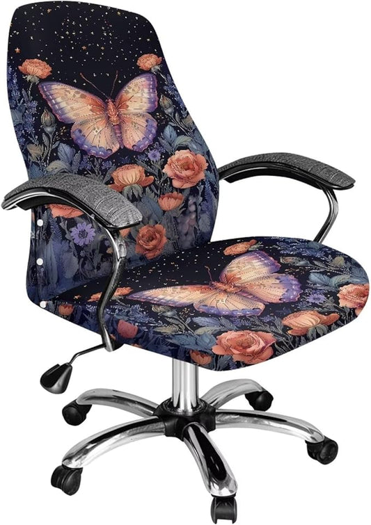 Talayituse Butterfly Rose Flower Print Office Chair Covers, Stretch Computer Chair Cover, Universal Boss Chair Covers Modern Simplism Style High Back Chair Slipcover, Large