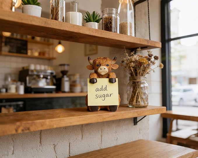 Highland Cow Pop-up Sticky Note Dispenser, Includes 1 Pad of 3x3 in Super Sticky Notes, 100 Sheets, Resin Cute Handmade Desk Holder for Office & Home-Brown