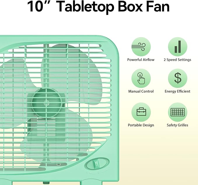 shinic 2 Packs 10" Tabletop Box Fan, 2 Speeds, Quiet Table Fan with Strong Airflow, Energy Efficient Small Box Fan, Portable Kitchen Exhaust Fan for Bedroom Bathroom Office Dorm Workshop, Green