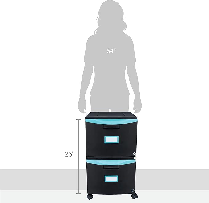 Storex Plastic Two-Drawer Mobile Pedestal File Cabinet – Locking Document Organizer with Casters for Home and Office, Black, 1-Pack (61315C01C)