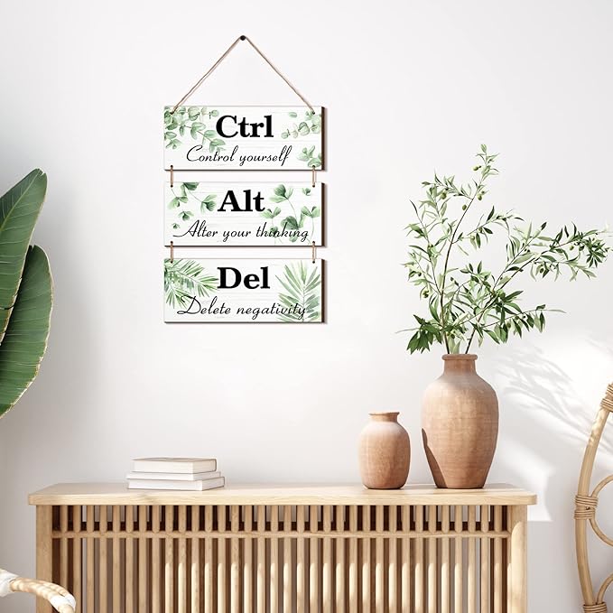 Qunclay 3 Pcs Office Wall Decor Green Leaves Wood Rustic Hanging Cubicle Decor Summer Inspirational Ctrl Alt Del Sign Decoration for Bathroom Indoor Home Living Room