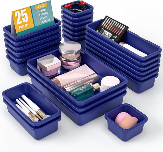 25 PCS Drawer Organizer Set, 4 Size Makeup Drawer Divider Organizer With Non-Slip Pads, Interlocking Plastic Storage Bins for Office,Jewelry Vanity,Gadgets, Bathroom,Kitchen, Navy