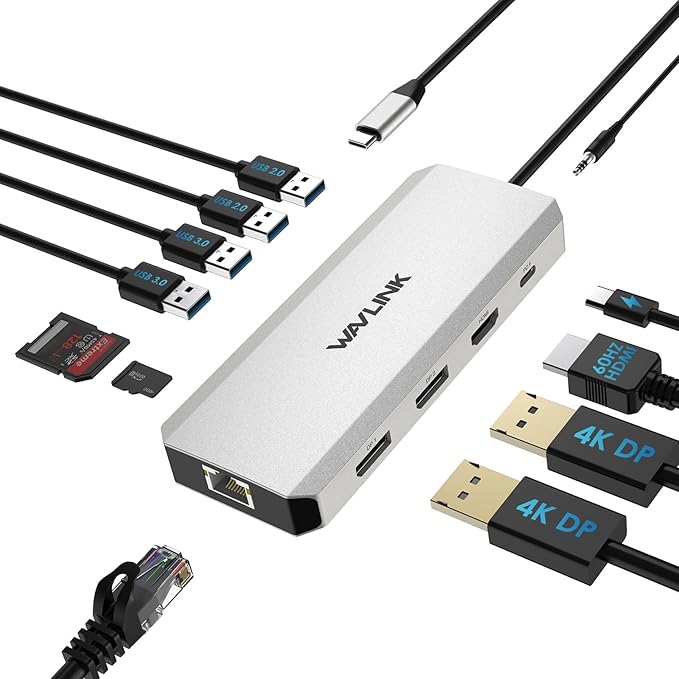 Laptop Docking Station,12 in 1 Triple Display USB C Hub for Windows with Dual DP, HDMI, 100W PD in, Gigabit Ethernet, USB3.0/2.0 Ports, SD/TF Card Reader, Mic/Audio for Lenovo HP Dell