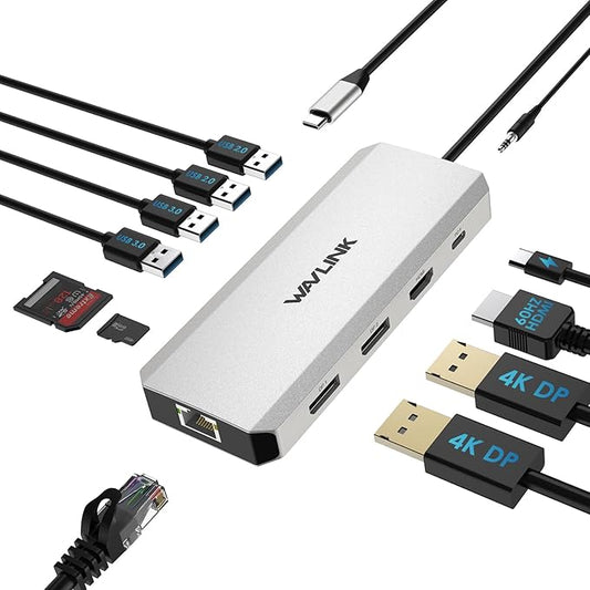 Laptop Docking Station,12 in 1 Triple Display USB C Hub for Windows with Dual DP, HDMI, 100W PD in, Gigabit Ethernet, USB3.0/2.0 Ports, SD/TF Card Reader, Mic/Audio for Lenovo HP Dell