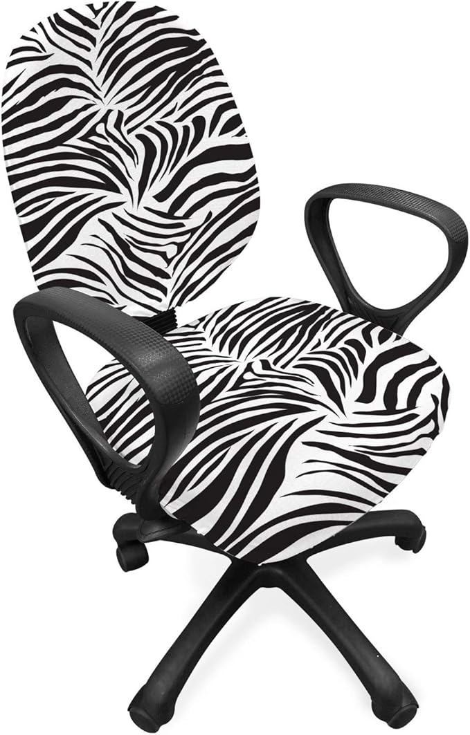 Ambesonne Zebra Print Office Chair Slipcover, Striped Zebra Animal Print Nature Wildlife Inspired Simplistic Illustration, Protective Stretch Decorative Fabric Cover, Standard Size, Black White