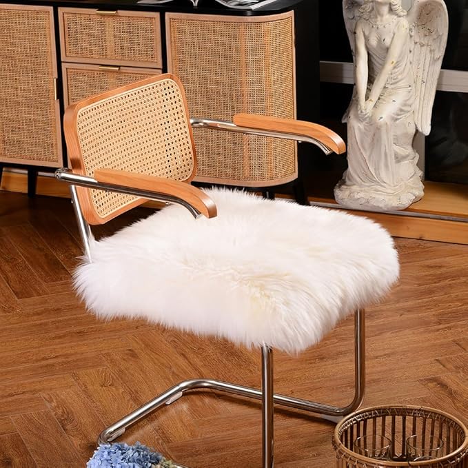 LLB Sheepskin Chair Cushion Non-Slip Back Square Genuine Fur Chair Cover Silky Natural Wool Seat Cushion Pad Soft Area Rugs Carpet for Home Office Restaurant Chair 18x18 Inch (Pack of 1), Ivory White