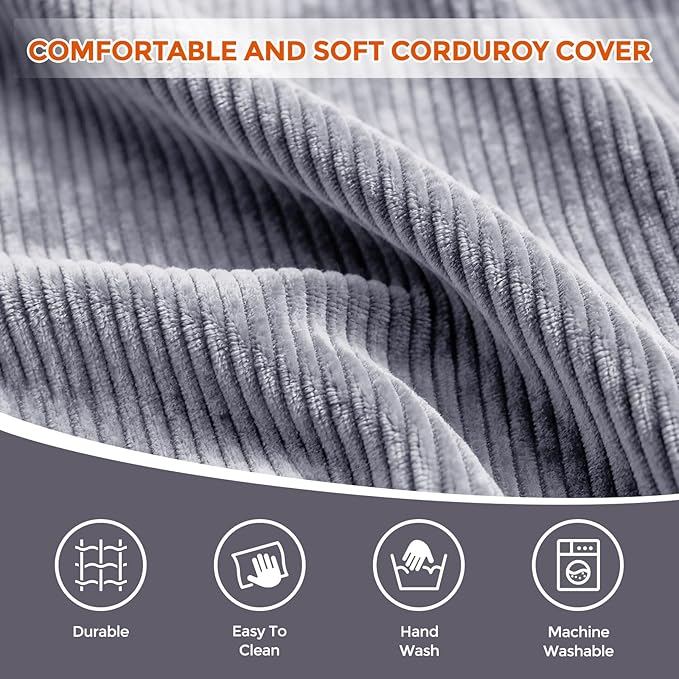 26" x 26" x 18" Pouf Ottoman Foot Rest, Pre-Stuffed Round Foot Stool with Odorless Shredded Memory Foam, Furry & Fluffy Corduroy Footrest for Living Room, Dark Grey