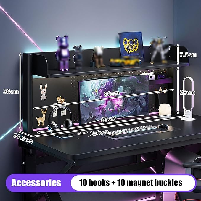 2/3 Tier Clamp On Desk Organizer Shelf,Clamp-on Above Desktop Storage Shelf Adjustable Clip On Shelving Unit Storage Tray with Perforated Board and Hooks, Black