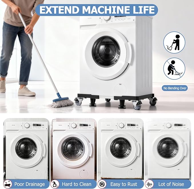 Mini Fridge Stand With 4 Locking Swivel Wheels & 4 Strong Feet Double Fixed Rods Heavy-Duty Washing Machine Stand Adjustable Appliance Dolly Mover Mobile Base Laundry Pedestal For Washer, Dryer, Black