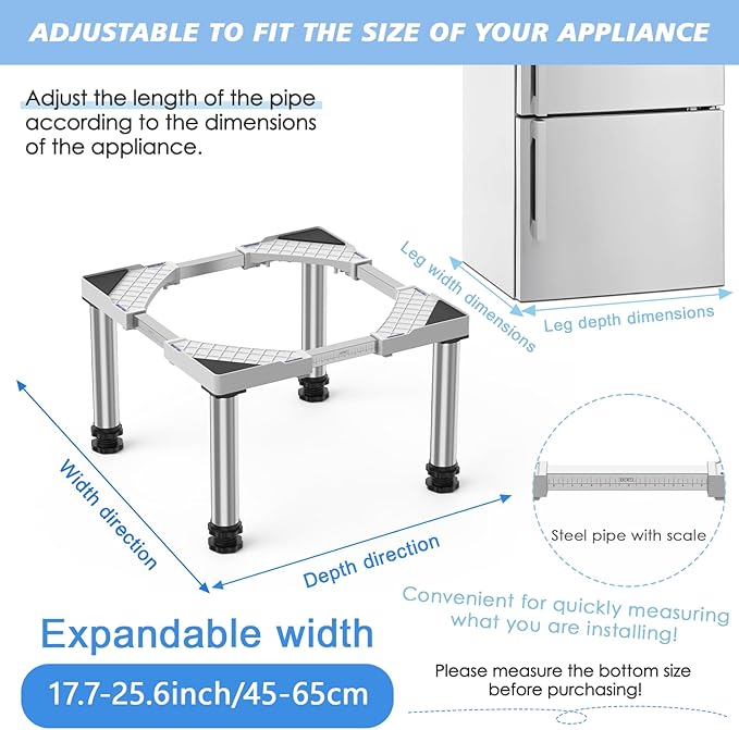 Mini Fridge Stand Height 13"-14.2" Adjustable Refrigerator Washing Machine Stand Base with 4 Strong Feet Anti-Vibration Washer Dryer Stand Laundry Pedestal Universal Appliance Stand Load 660LB-White