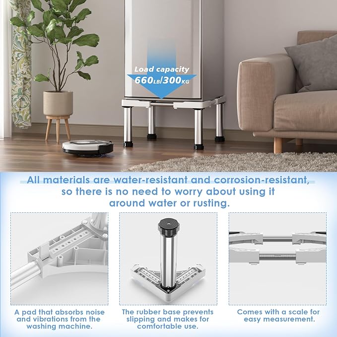 Mini Fridge Stand with 4 Strong Feet Washing Machine Stand Base 9.8"-11" Height Adjustable Universal Stand Base for Portable Refrigerator Dryer Stand Laundry Pedestal for 17.7"-25.6" Appliance, White