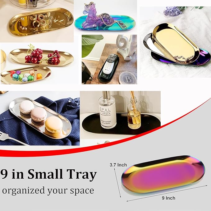 Fermus Stainless Steel Decorative Tray, Set of 2, 9 Inch Long, Jewelry Dish Cosmetics Organizer Bathroom Clutter Serving Platter Small Storage Tray, Oval, Holographic