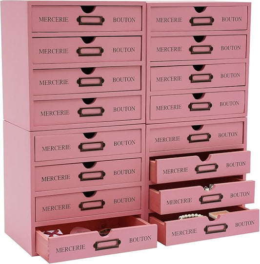 16-Drawer Wooden Desk Organizer Storage Box with Label Holders Vintage Wood Desktop Organizer, Desk Drawer Unit Collectors Box for Living Rooms, Bedrooms, Offices (Pink, 4PCS, 16 Drawers)