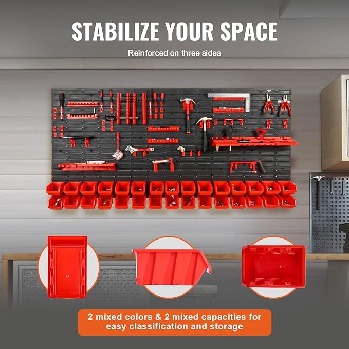 VEVOR Wall Mounted Storage Rack System, 30-Bin Parts Rack Organizer with Wall Panels/Tool Holders/Hooks, Garage Plastic Shop Tool Organizer for Nuts, Bolts, Screws, Nails, Beads, Buttons
