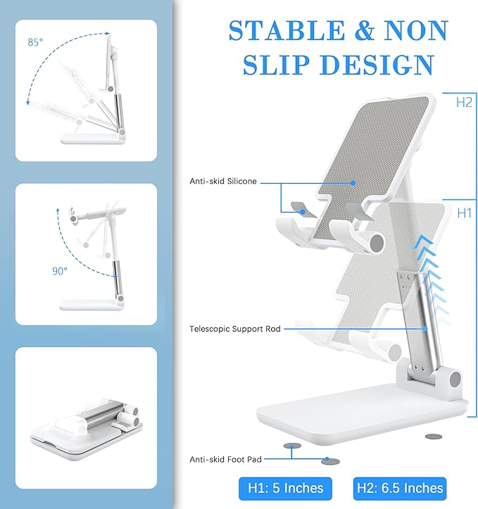 Cell Phone Stand, Adjustable Angle and Height Cell Phone Holder for Desk, Foldable and Portable, Anti-Slip Silicone Pad, Compatible with All Mobile Phones and 4-8 Inch Devices (White&White)