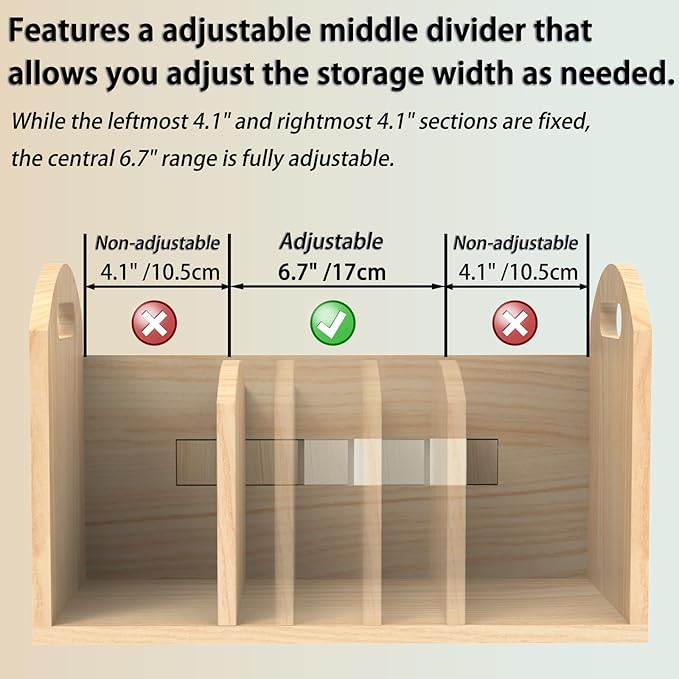 Wood Desktop Bookshelf, Upright Tabletop Book Shelf With Adjustable Divider Secure Books in Place, Desk Shelf for Top of Desk in Living Room, Home, Office, Perfect for Books, Cookbooks, Magazine, File