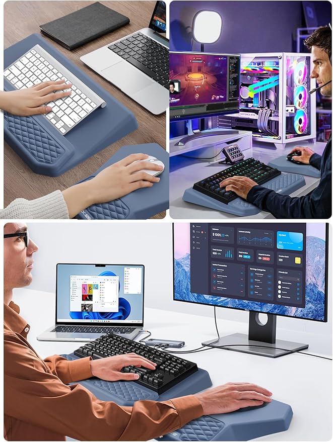 3-in-1 Ergonomic Keyboard Stand with Wrist Rest & Mouse Pad Set, Comfy Keyboard Riser Holder Soft Mousepad with Massage Design, Memory Foam and Non-Slip PU Base for Pain Relief, Blue