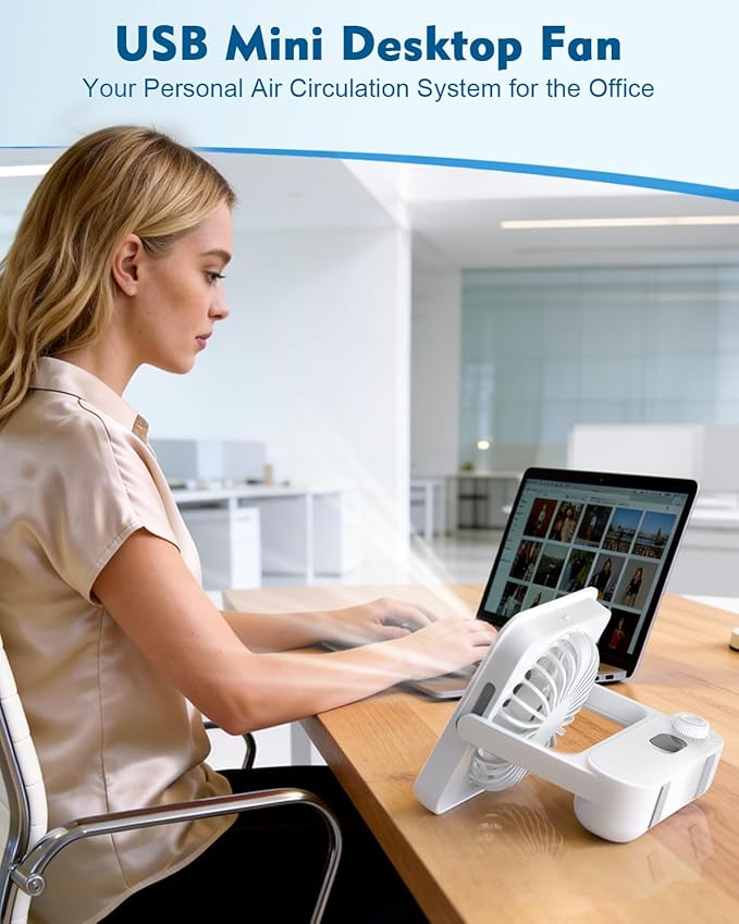 Small Desk Fan Personal Fans: 4000mah 4-14 Hours Battery Office Quiet Mini Desktop Fan Portable Rechargeable Travel Essentials, USB-C Charging for Sleeping, Office, Bedroom, Cruise, White